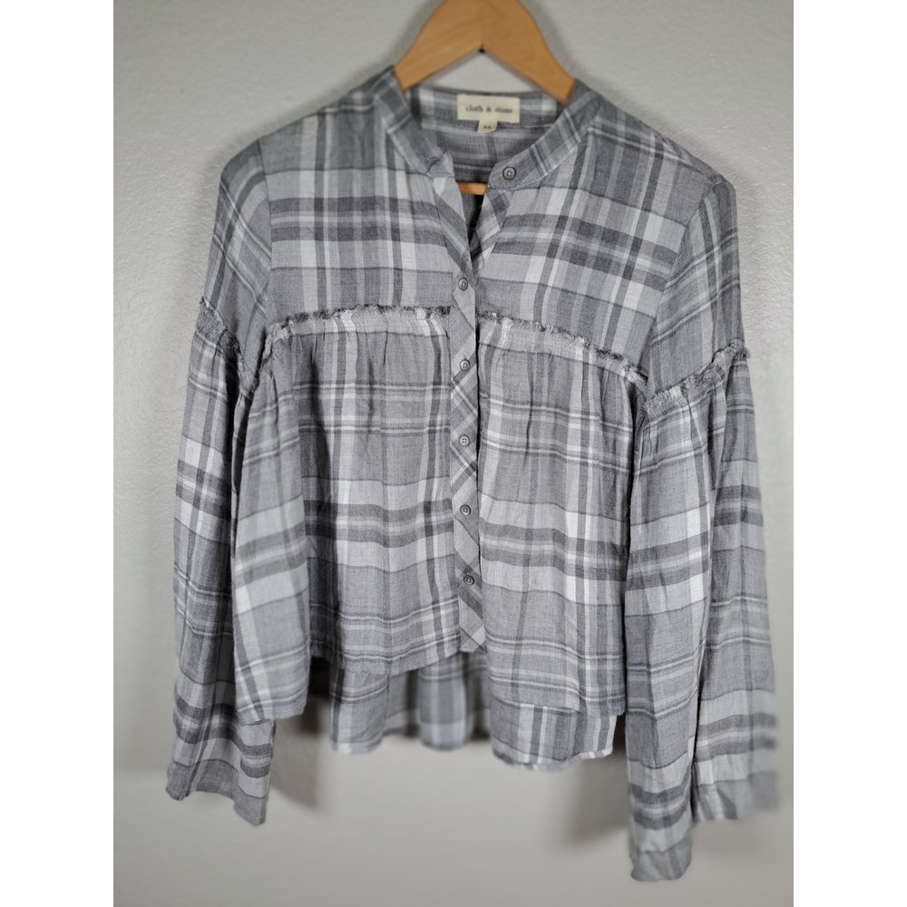 Cloth & Stone Grey Plaid Rayon Babydoll Button Down Bell Sleeve Top XS C1671-520